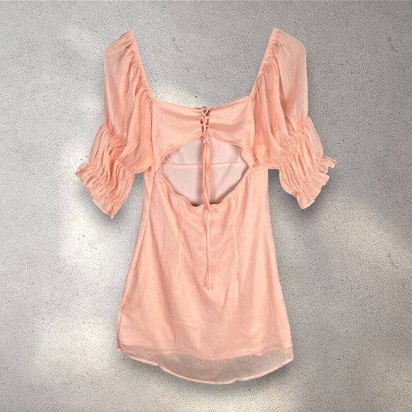 Beige Botany Peach Mini Dress Womens M Babydoll Sheer Lined Cottage Coquette EUC - Picture 4 of 9